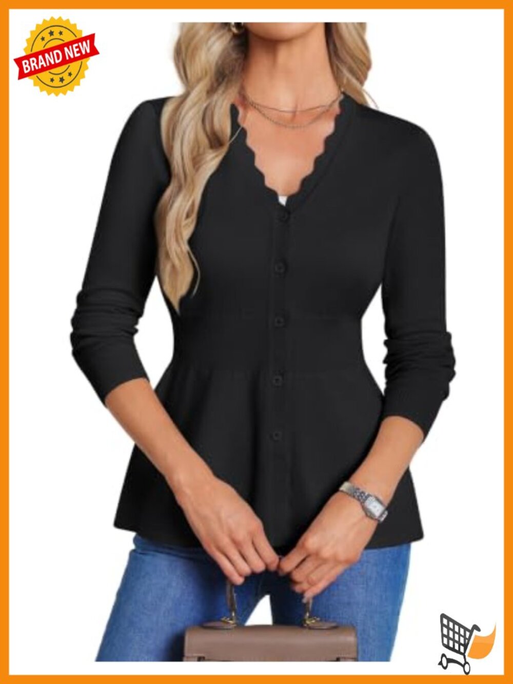 Scalloped V-Neck Button Up Peplum Cardigan Sweater Lightweight
